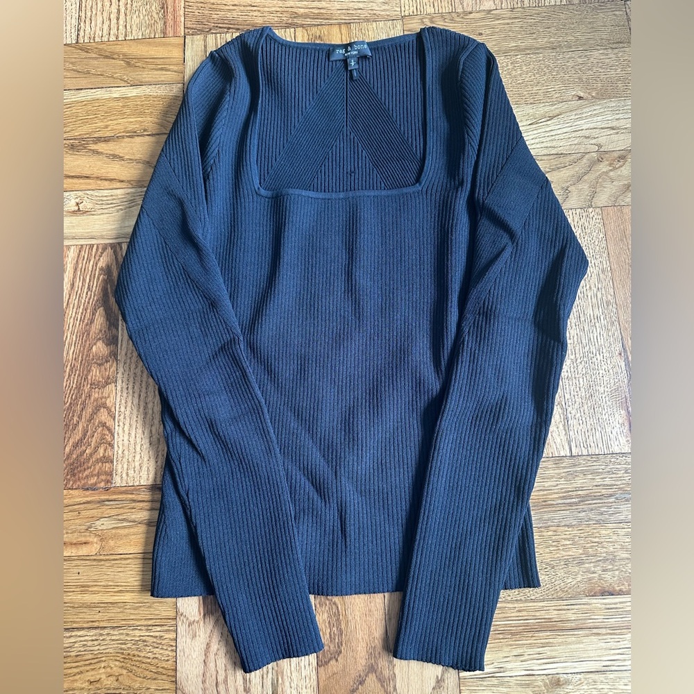 rag & bone black stretch ribbed square neck fitted sweater